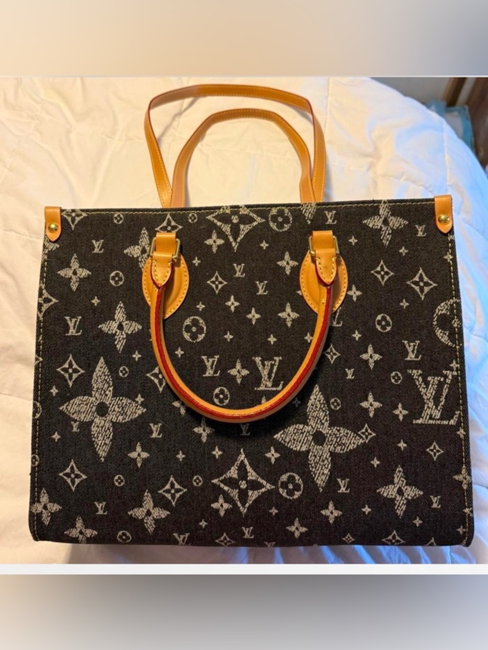 Fashionable Denim Tote with Tan Handles &Trim